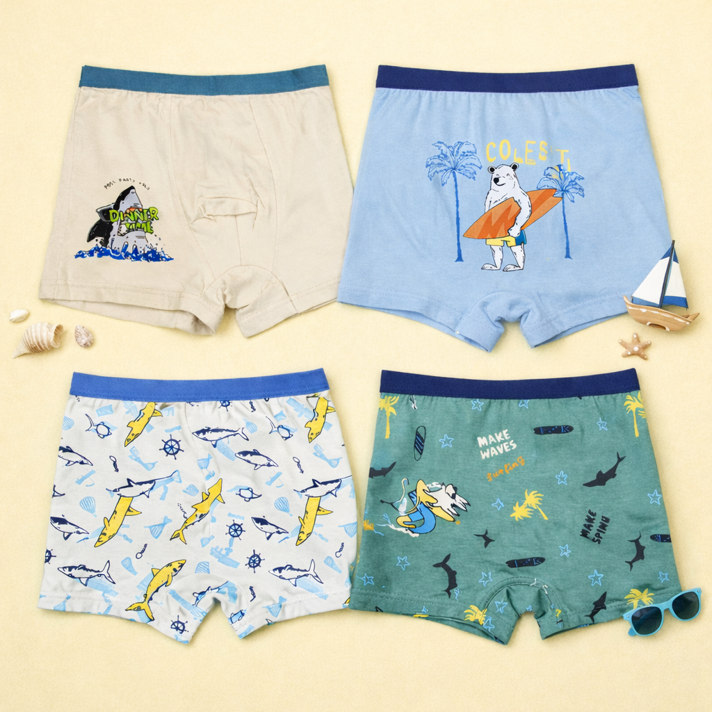 Ocean Adventure Collection | Hybrid Cotton Boys Boxer Shorts | Soft Breathable Kids Underwear with Surf & Shark Graphics