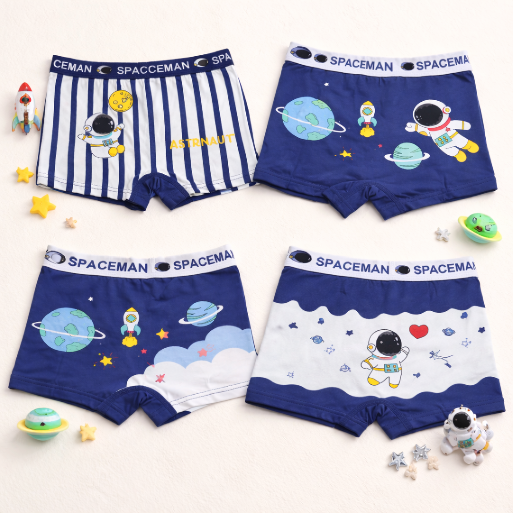 Space Explorer Collection – Premium Cotton Boys Boxer Shorts – Soft Breathable Kids Underwear with Astronaut & Planet Prints