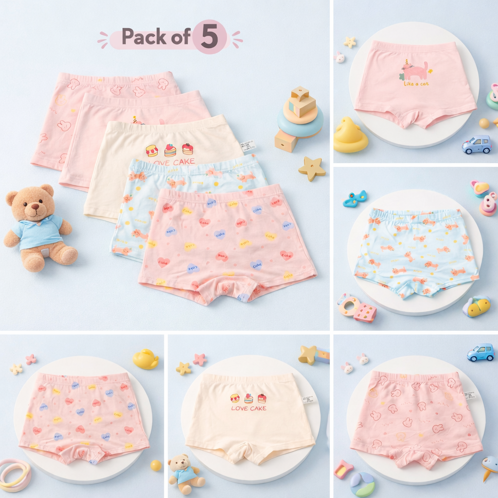 Cake & Kitty Collection – Premium Cotton Girls Boxer Shorts – Soft Breathable Kids Underwear in Cute Cartoon Prints