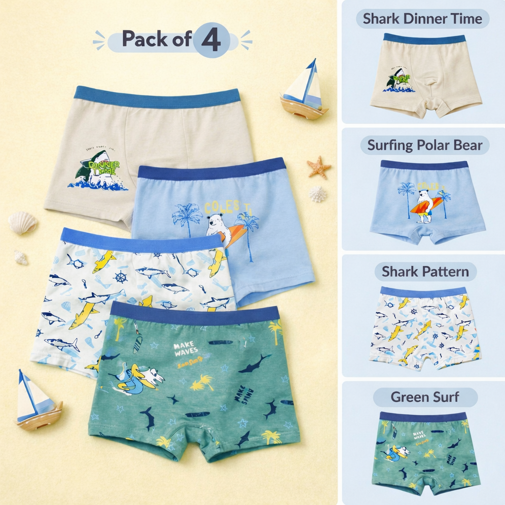 Ocean Adventure Collection | Hybrid Cotton Boys Boxer Shorts | Soft Breathable Kids Underwear with Surf & Shark Graphics