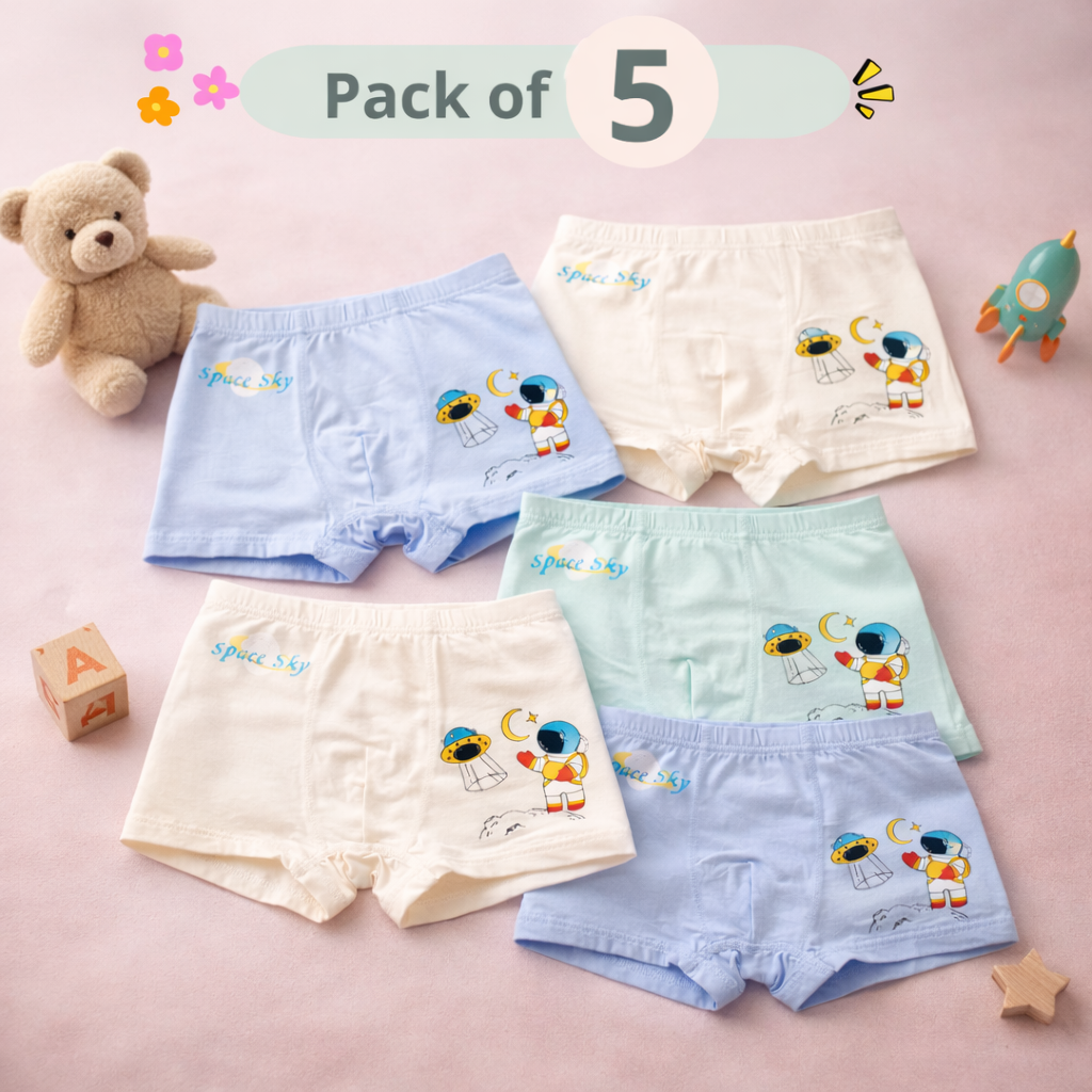 Sky Buddies Collection – Premium Cotton Boys Boxer Shorts – Soft Breathable Kids Underwear with Astronaut Characters
