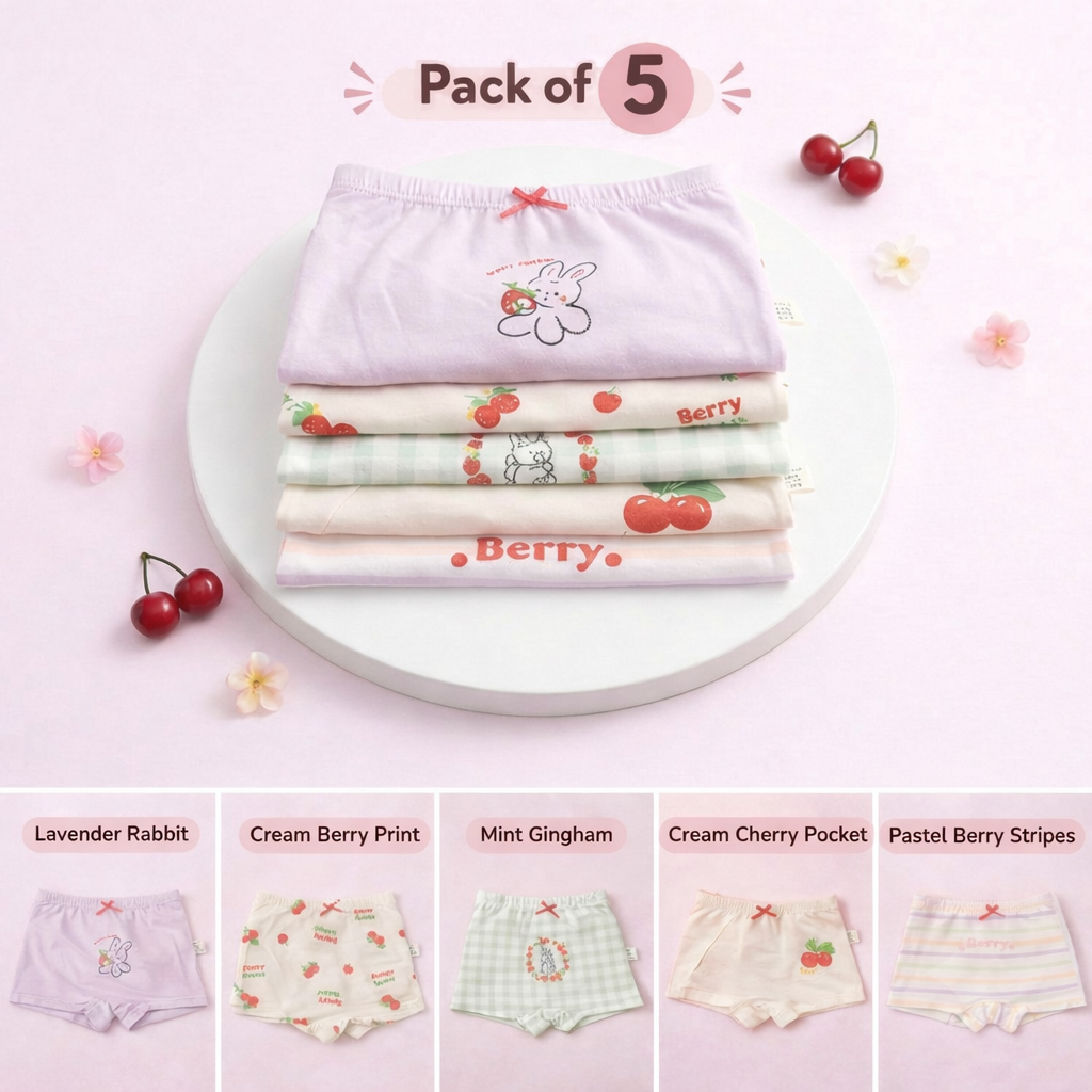 Strawberry Fields Collection – Premium Cotton Girls Boxer Shorts – Soft Breathable Kids Underwear