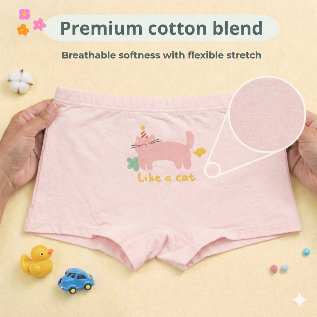 Cake & Kitty Collection – Premium Cotton Girls Boxer Shorts – Soft Breathable Kids Underwear in Cute Cartoon Prints