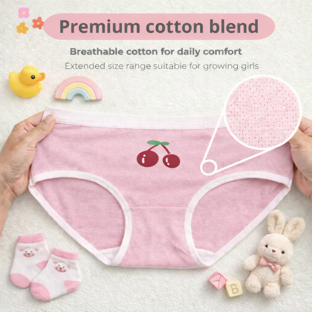 Lilhugz Cherry Blossom– Soft Breathable Cherry Floral Gingham Print Girls Cotton Underwear
