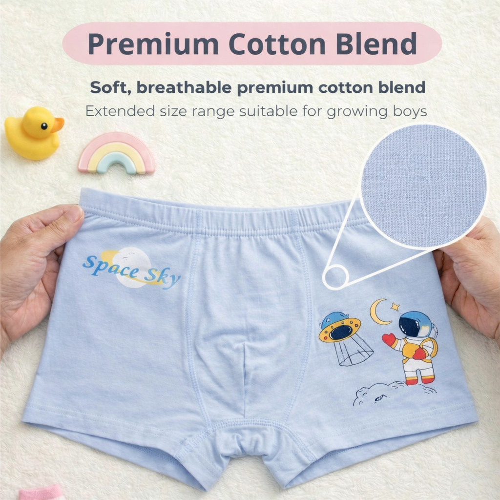 Sky Buddies Collection – Premium Cotton Boys Boxer Shorts – Soft Breathable Kids Underwear with Astronaut Characters