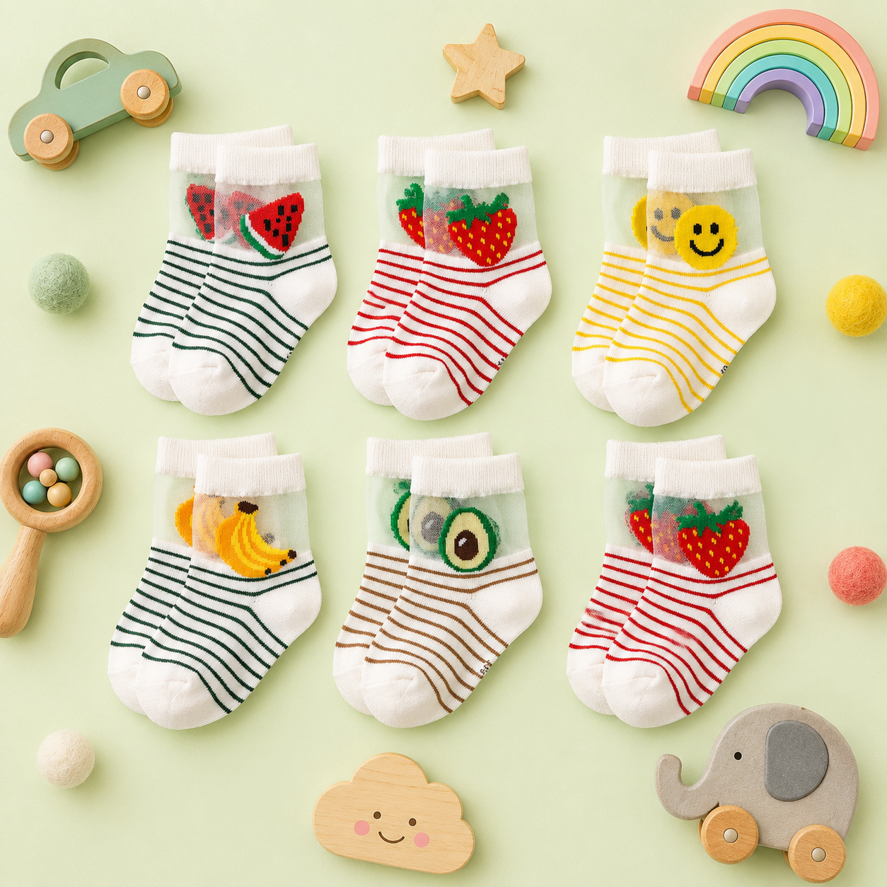 Fruity Smiles Collection—Adorable Fruit and Emoji Striped Socks for Kids—Premium Ankle Socks