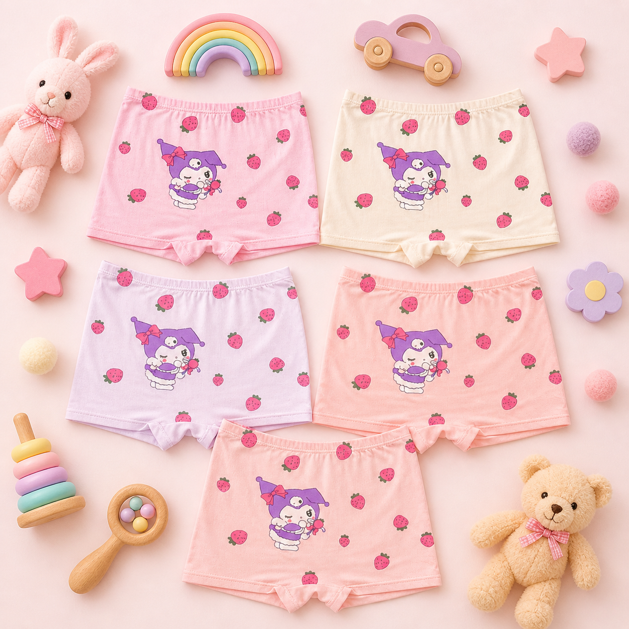 Berry Melody Collection – Kids Premium Modal Underwear Kawaii Character Strawberry Print Boxer Shorts for Boys & Girls